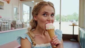 Daisy Bell Bicycle Built for Two AI music video scene beautiful girl eats ice cream