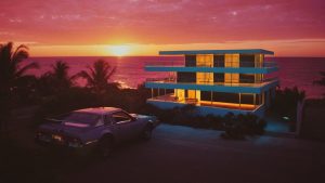 Vynelle AI music video scene 80s retrowave beach