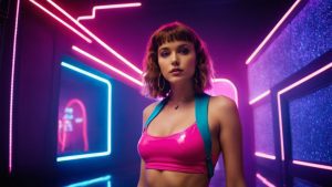 Vynelle AI music video scene with 80s singer girl