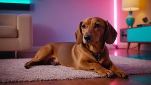 Vynelle AI music video scene with 80s house and dacshund dog