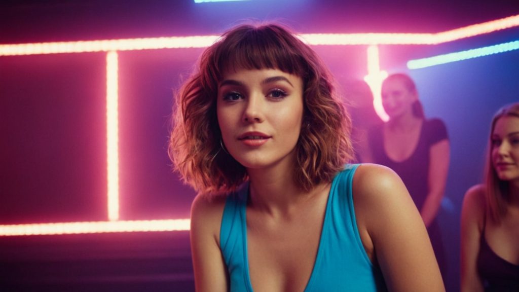 Vynelle AI music video scene with beautiful girl in 80s disco