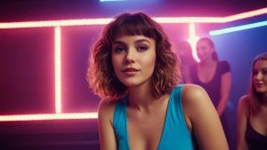 Vynelle AI music video scene with beautiful girl in 80s disco