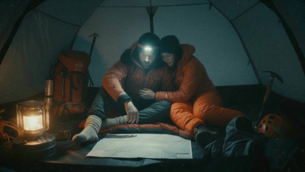 Trial tent scene with mountain climber man and woman