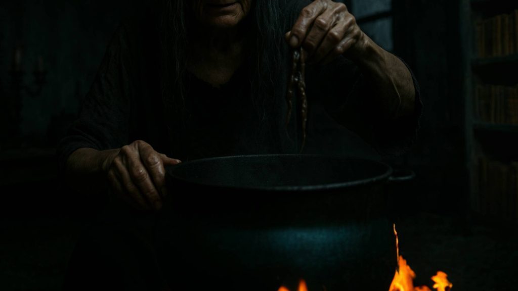 Veneficium AI short film scene witch is cooking in the cauldron