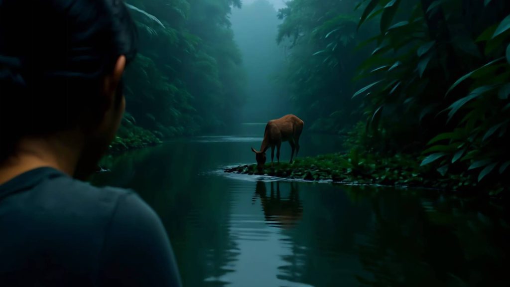Veneficium AI short film scene, a deer is drinking from the river
